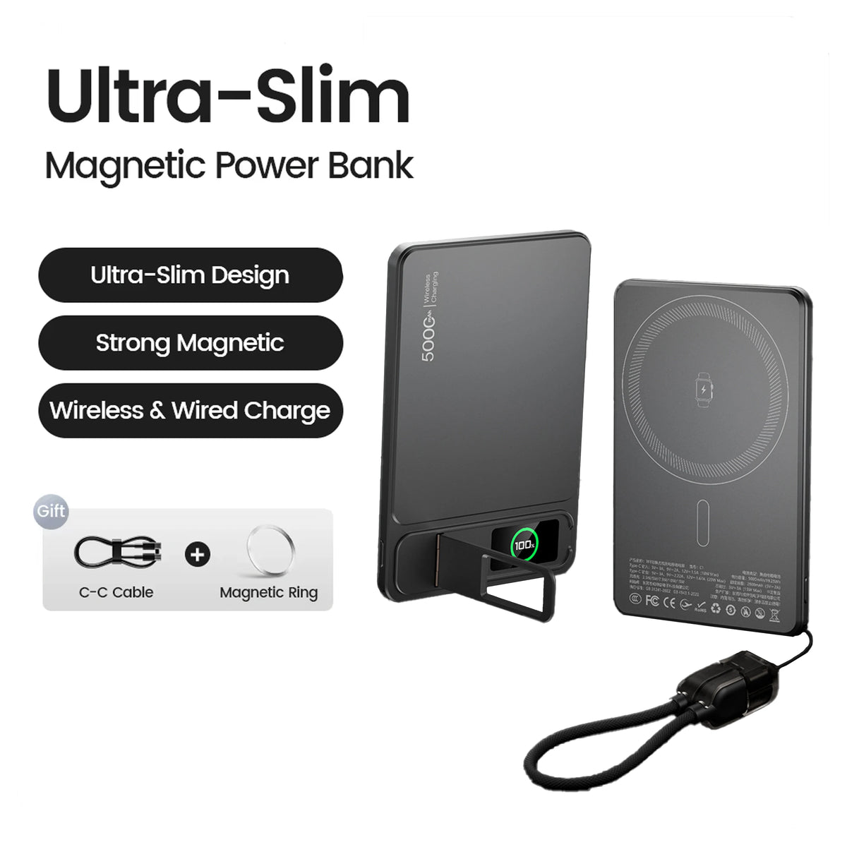 Magnetic Wireless Power Bank 10000mAh - Slim Fast-Charging Battery Pack