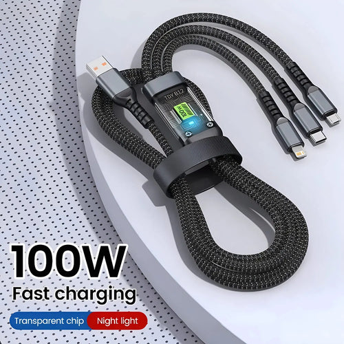 3-in-1 braided charging cable with USB-C, Lightning and Micro-USB tips