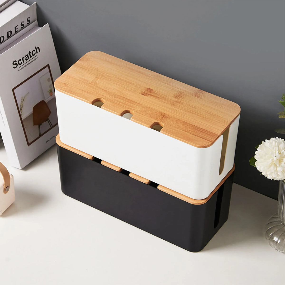 Cable Management Box - Wood-Style Cord Organizer & Power Strip Cover