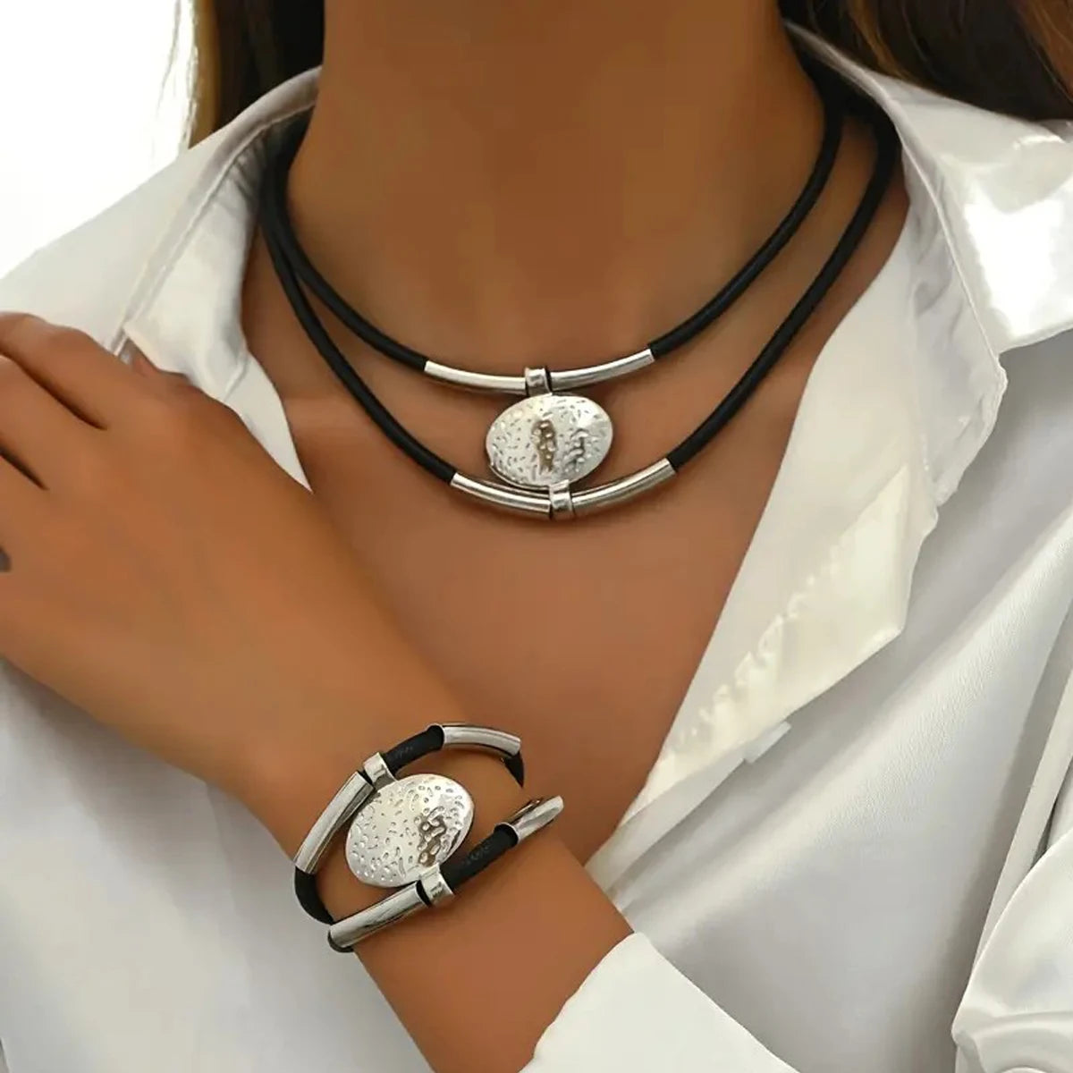Layered Chain Necklace & Bracelet Set - 2 Pieces