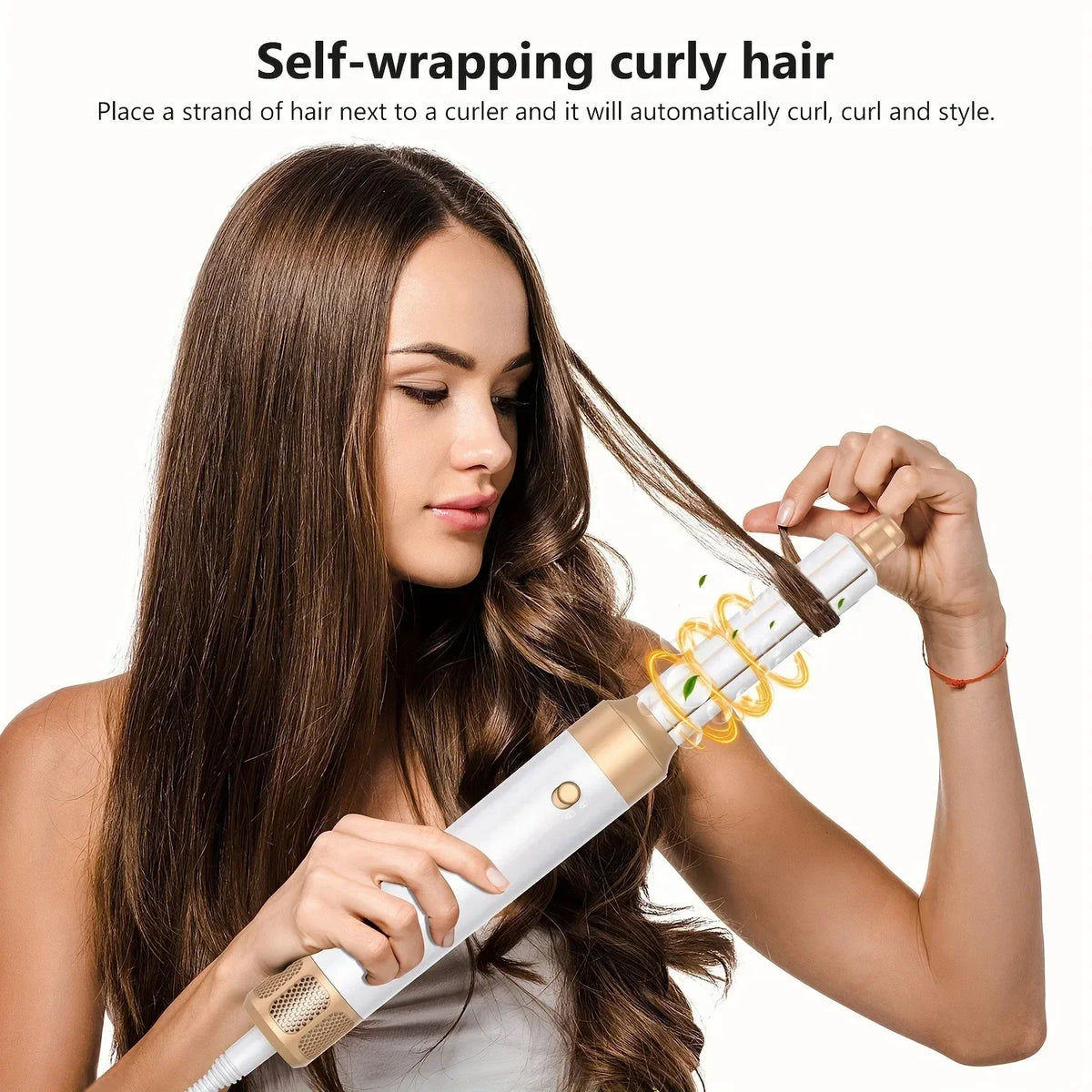Self-wrapping curling barrel in use