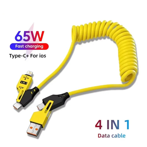 4-in-1 coiled car charging cable in yellow