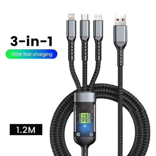 Close-up of the three connector tips on the 3-in-1 cable