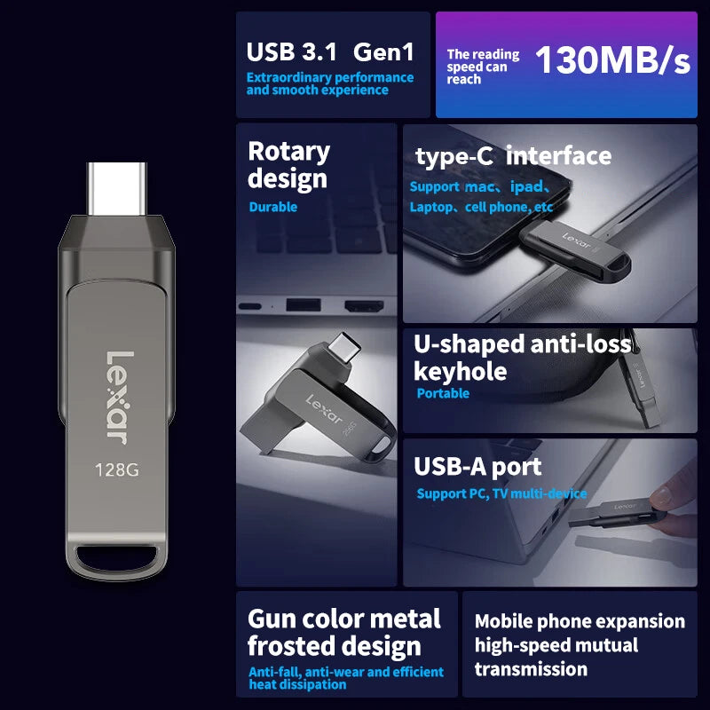 Lexar D400 USB-C Flash Drive - 32GB to 256GB Dual Slot