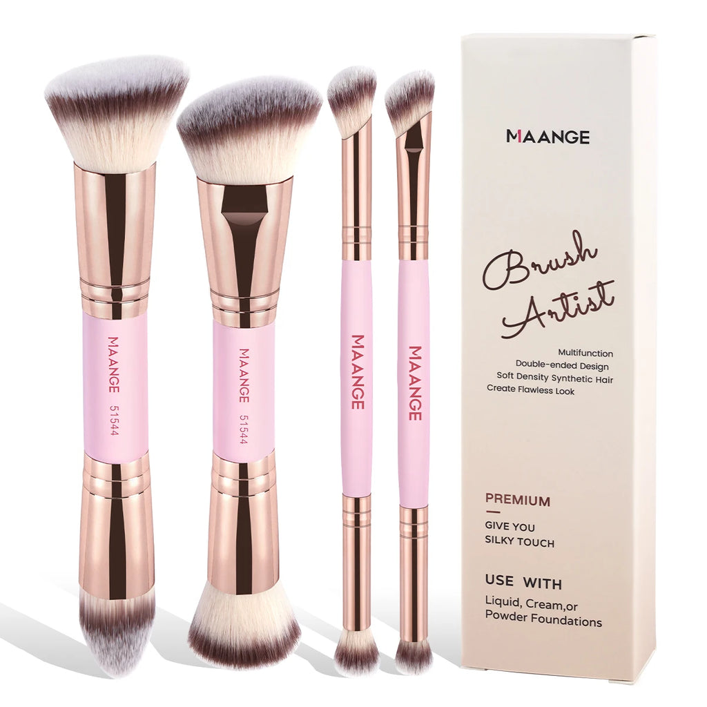 4-Piece Makeup Brush Set - Dual-Ended Brushes with Travel Case