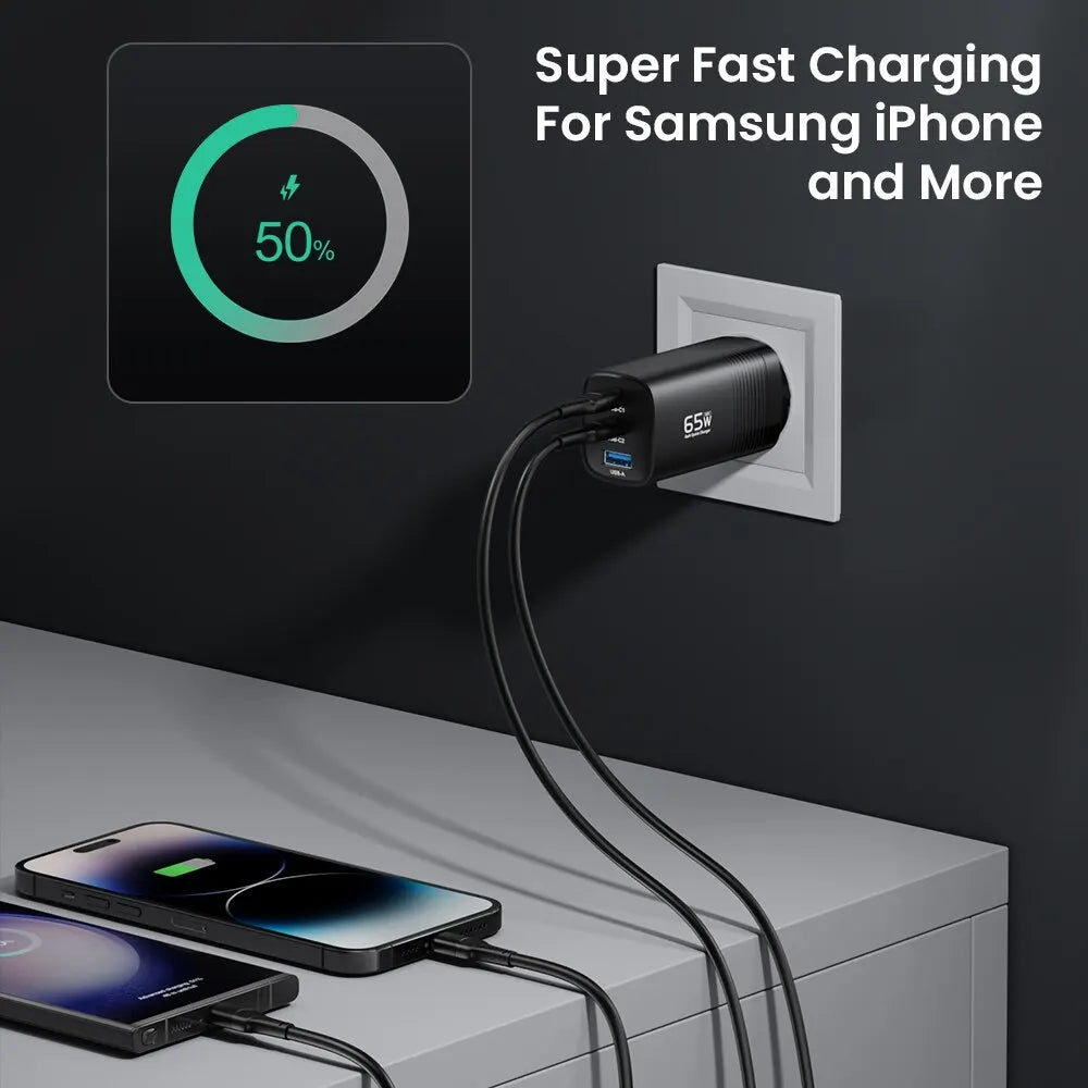 65W GaN charger fast-charging a laptop over USB-C