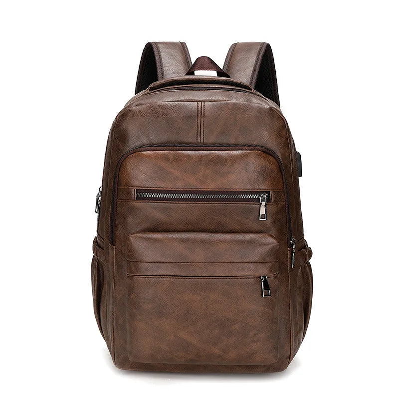 USB Charging Laptop Backpack - Water-Resistant PU Leather Travel Bag