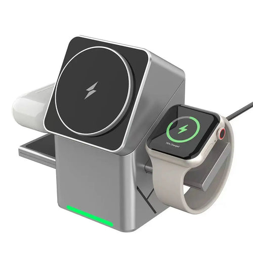 3-in-1 Magnetic Wireless Charging Station - Auto-Rotating Stand for Phone, Watch & Earbuds