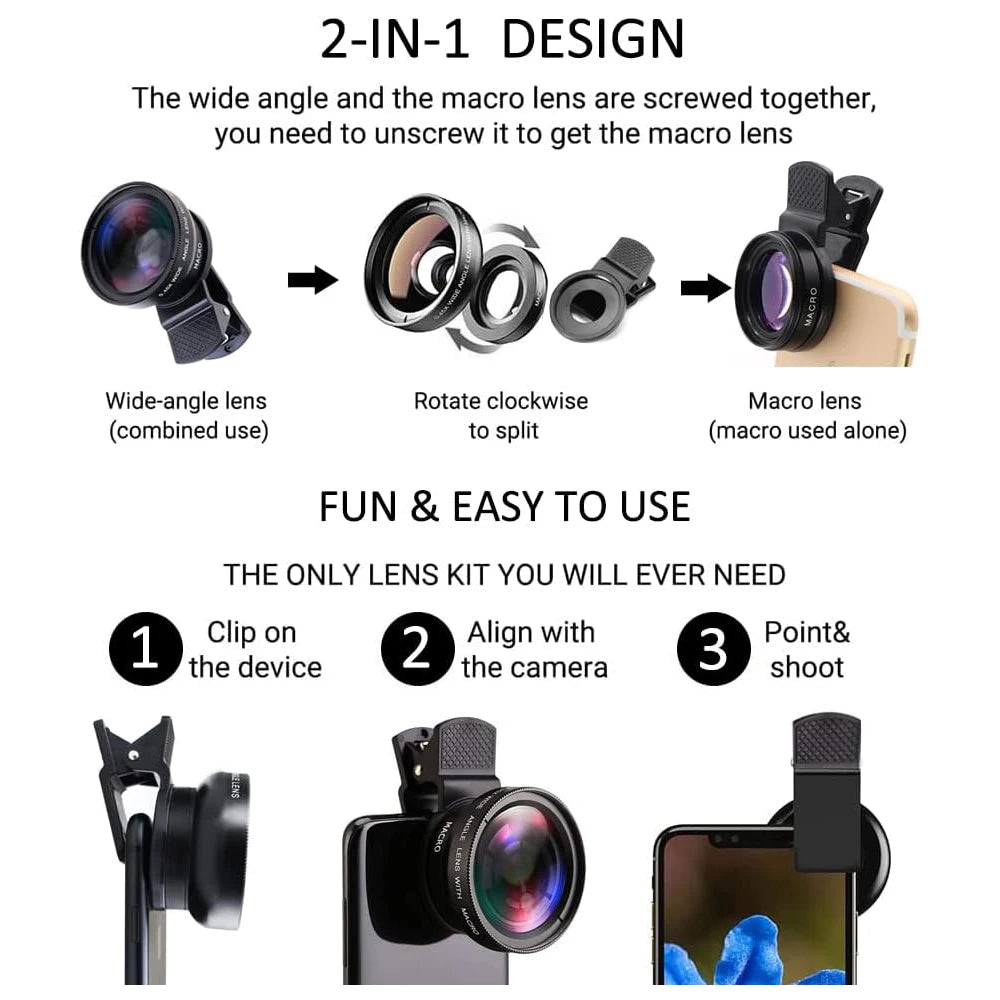 2-in-1 Phone Camera Lens Kit - Wide Angle & Macro Clip-On Lens
