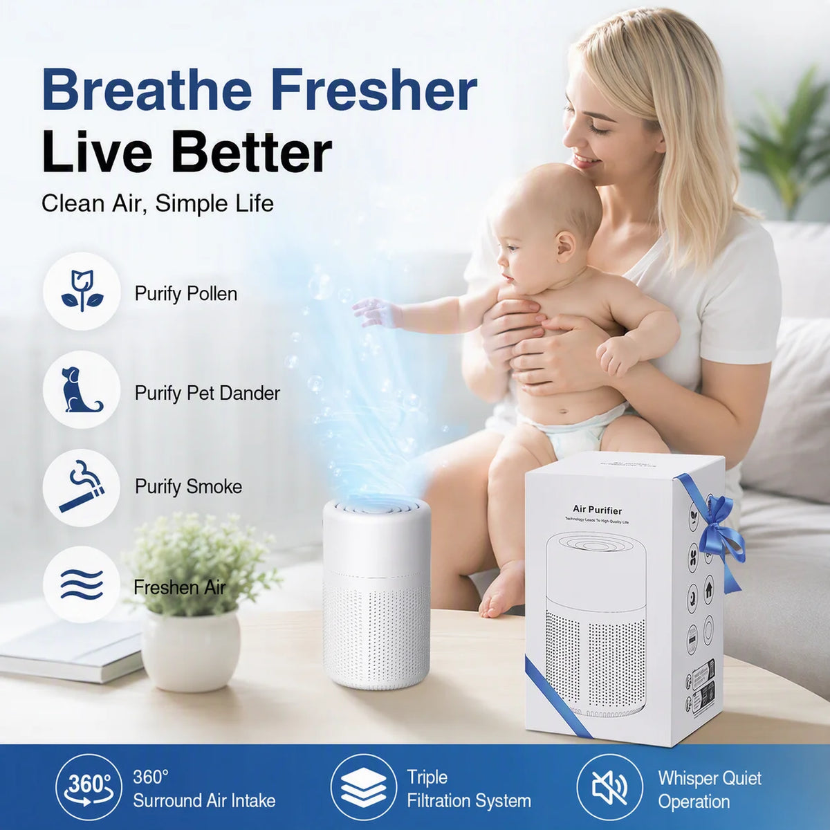 Desktop Air Purifier - H13 HEPA, Carbon & Negative Ion