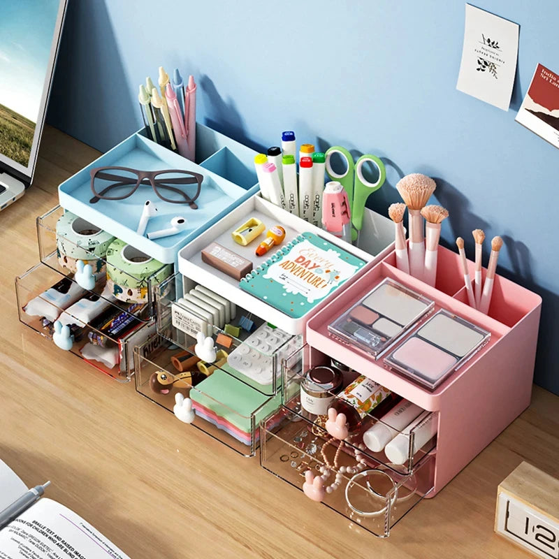 Desk Organizer with Drawer - Desktop Storage Box for Pens, Makeup & Stationery