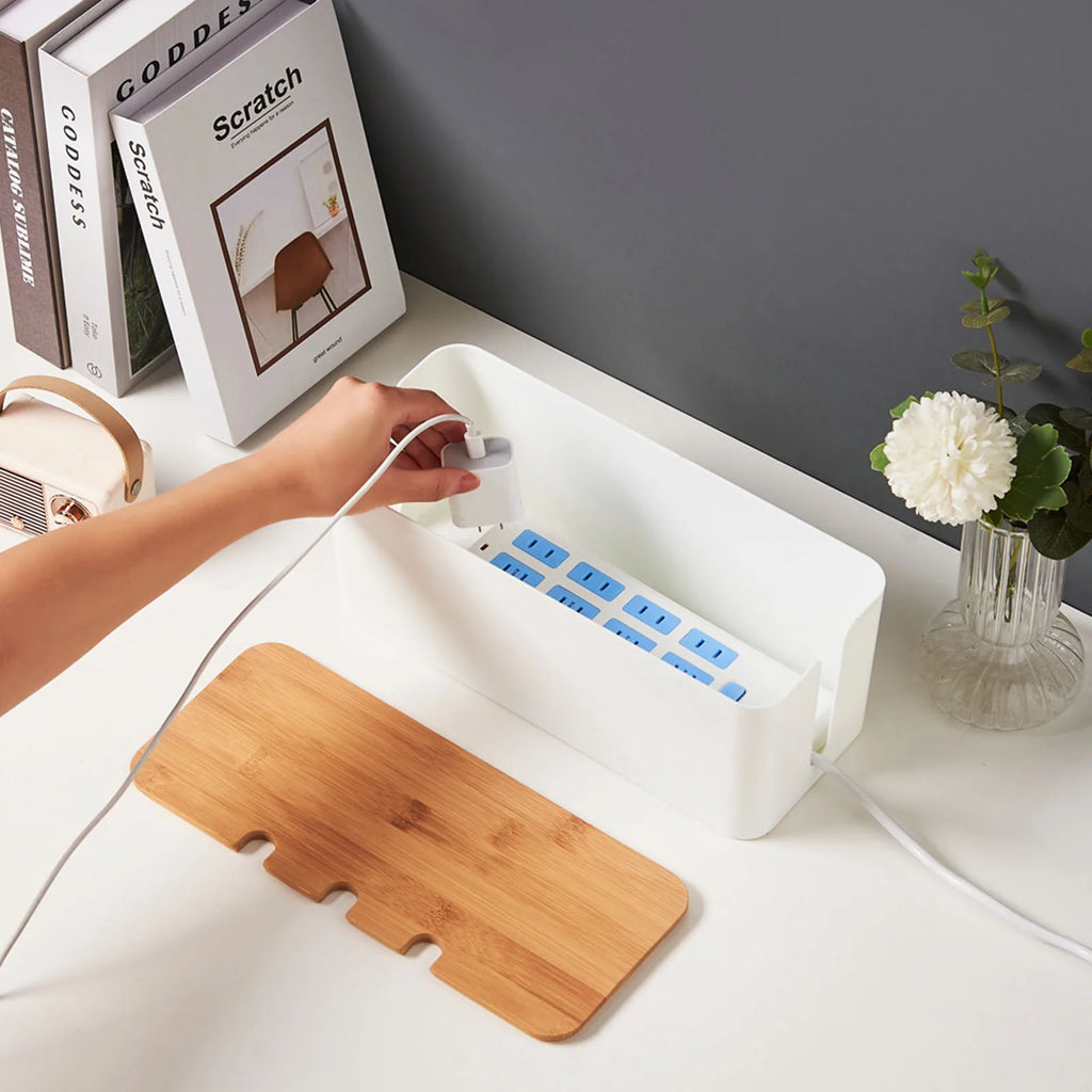 Cable Management Box - Wood-Style Cord Organizer & Power Strip Cover
