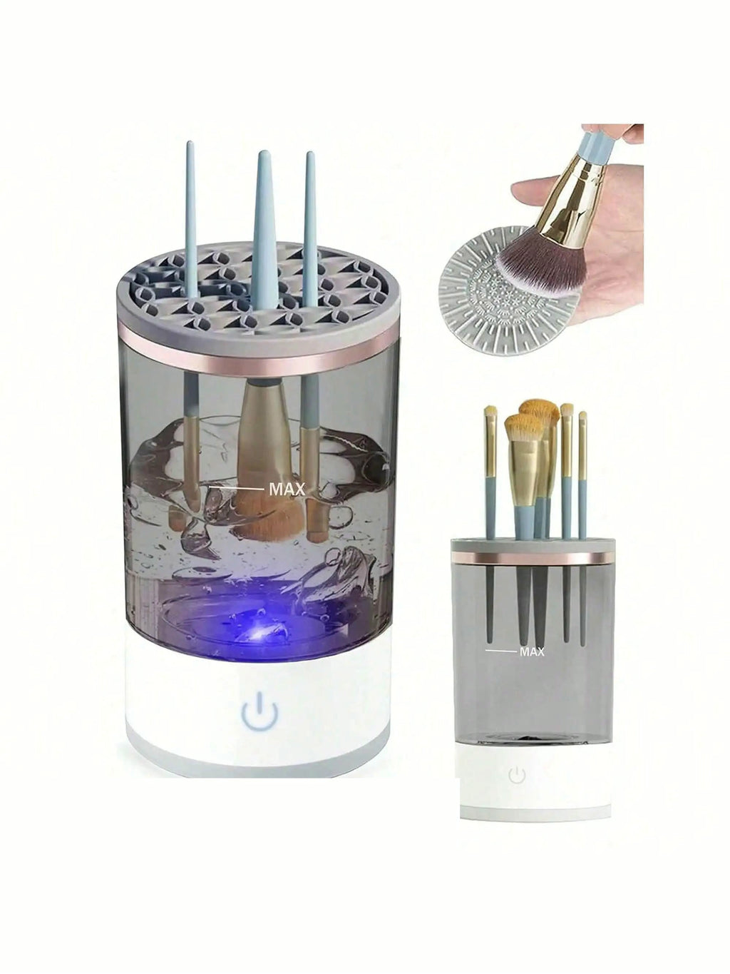 Electric makeup brush cleaner spinning brushes in water, with the silicone cap and a dry brush set
