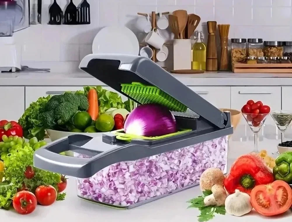 14-in-1 Vegetable Chopper dicing red onion into the catch container on a kitchen counter