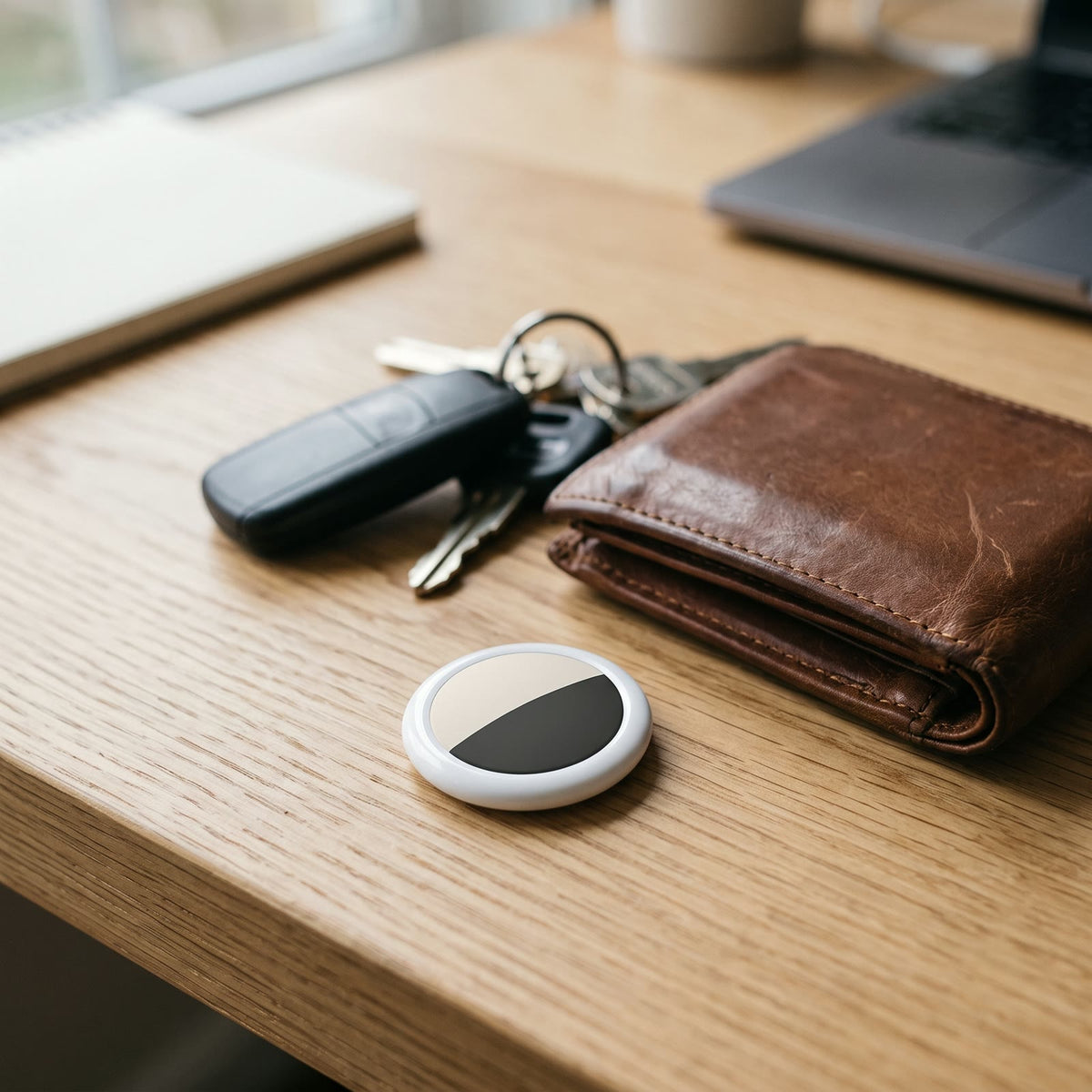Item tracker tag shown at coin size beside car keys and a wallet
