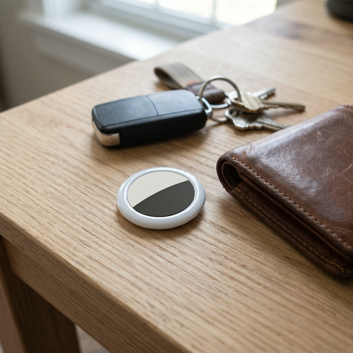Item tracker tag on a desk with keys and a wallet