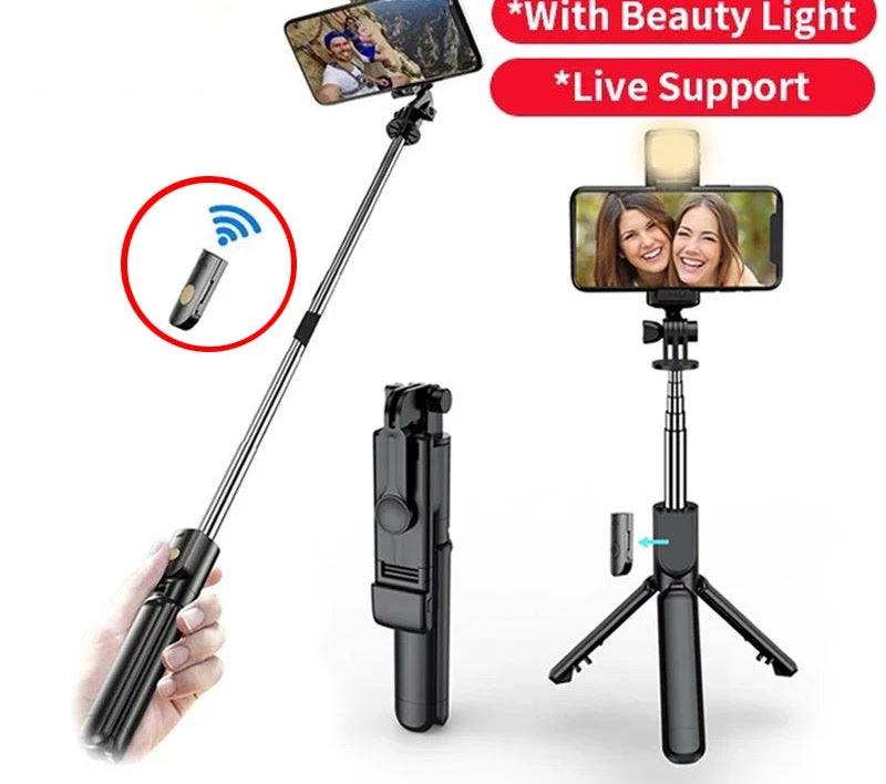 Selfie stick tripod with LED fill light and Bluetooth remote