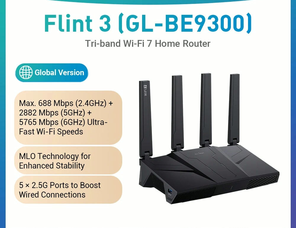 GL.iNet Flint 3 Tri-Band Wi-Fi 7 Router - 5x 2.5G Ports