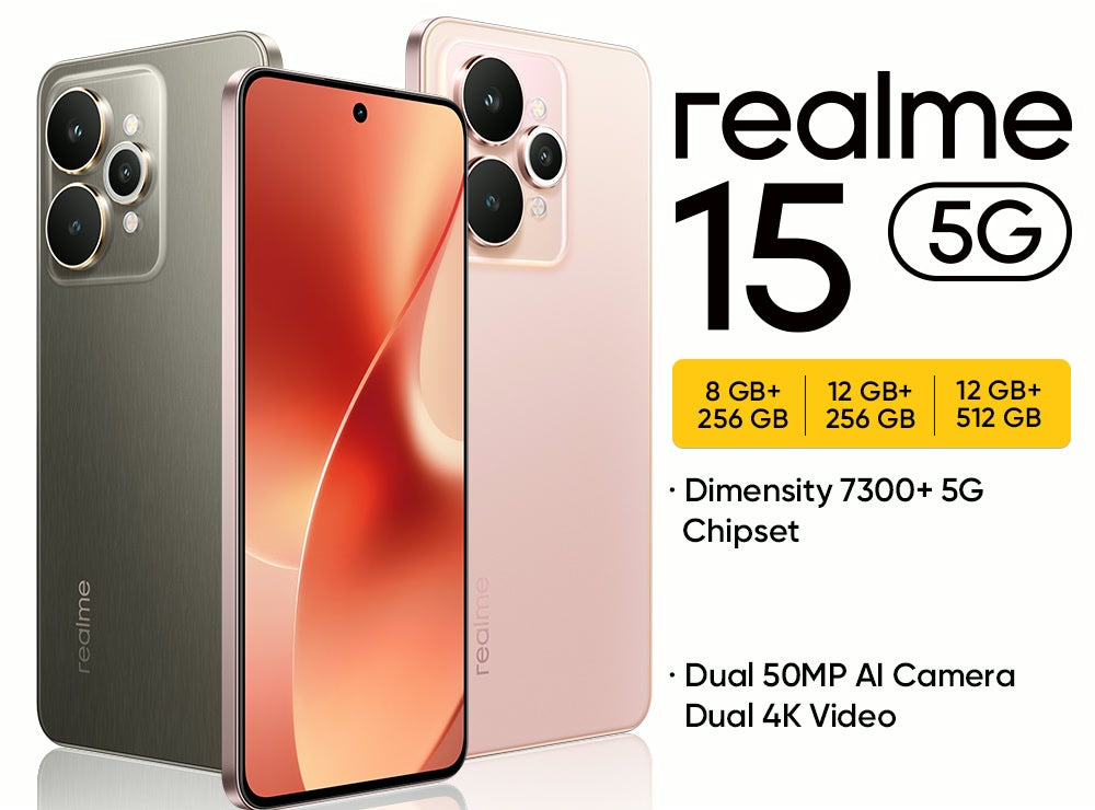 realme 15 5G in Titanium and Pink