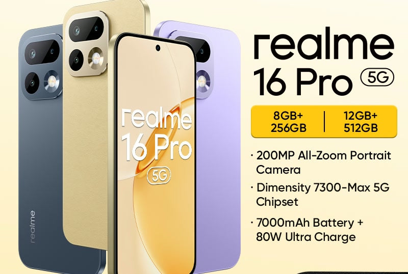 realme 16 Pro 5G in grey, gold and purple