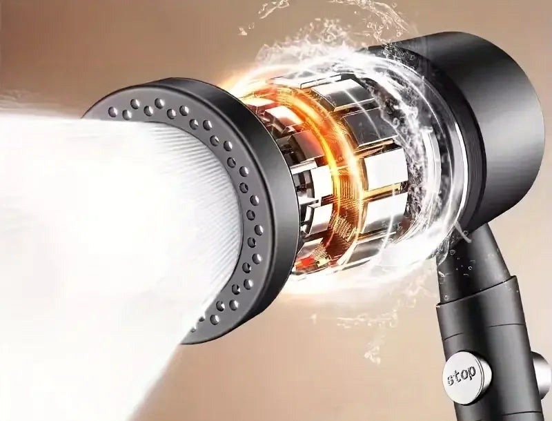 Cutaway of the shower head showing the turbine and the high-pressure spray