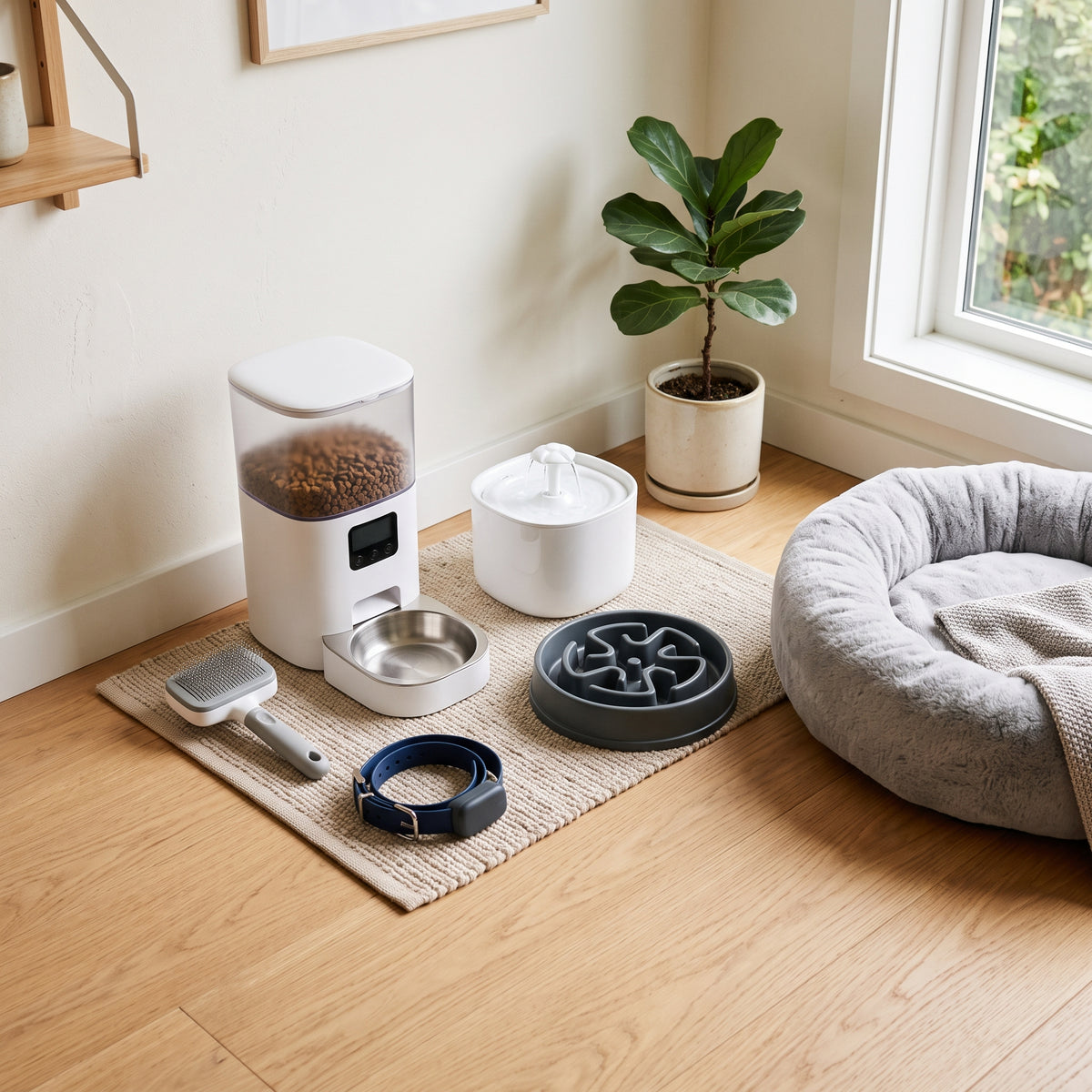 Pet tech and accessories - automatic pet feeder, water fountain, slow feeder bowl, grooming brush and GPS collar