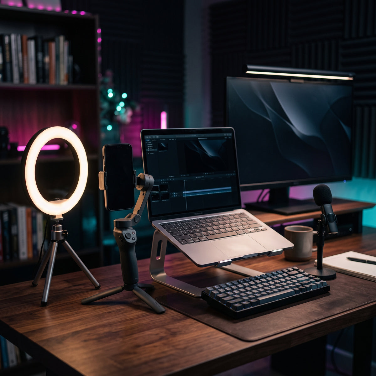 Tech and creator gear - LED ring light, phone gimbal, lavalier microphone and laptop stand on a creator desk