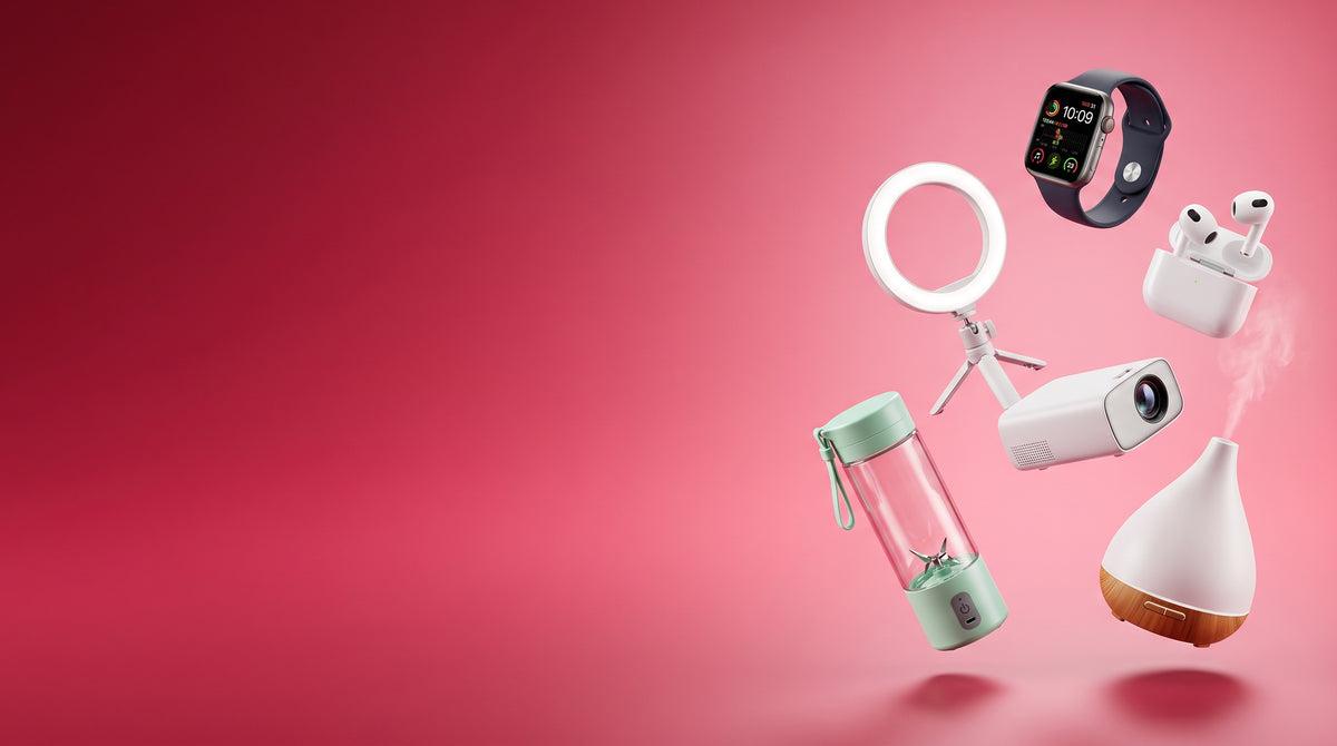 Trending tech and lifestyle gadgets from Viral Store - smartwatch, earbuds, ring light, mini projector and portable blender